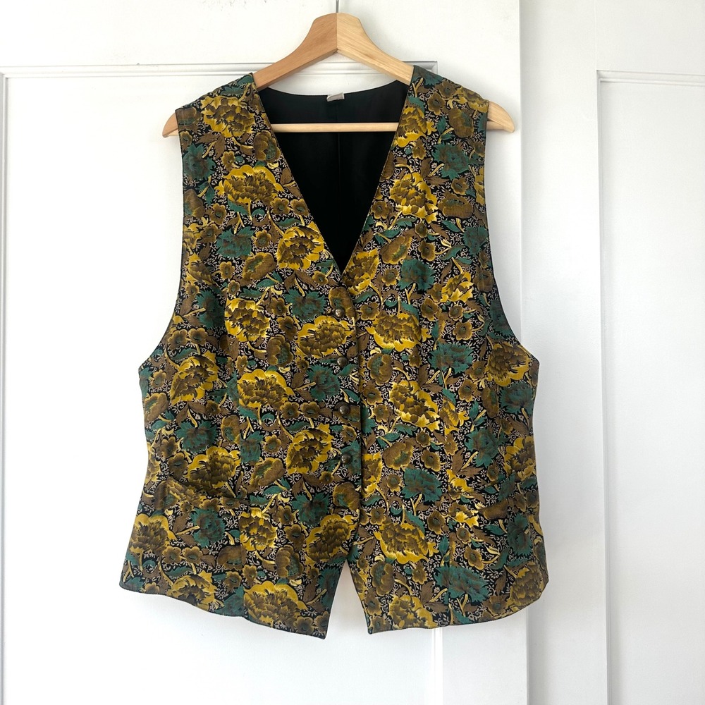 Vintage 80s Tru Blouse Floral Vest Women Size 46 Mustard Teal Silky Waistcoat